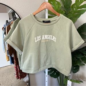💚 NWT Forever 21+ Los Angeles California Sage Green Cropped Raglan Tee Sz 0X